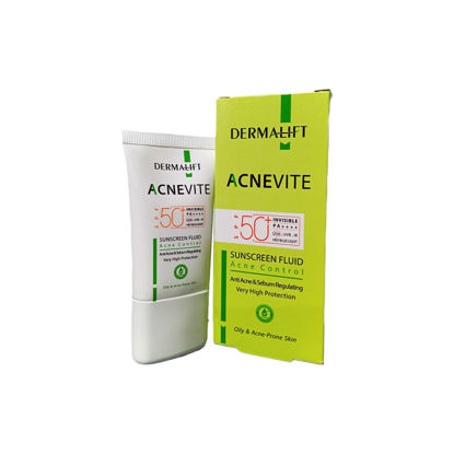 فلوئید ضد آفتاب بی رنگ درمالیفت مدل آکنویت مناسب برای پوست های چرب و جوشدار با SPF50+