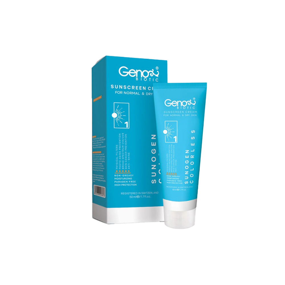 کرم ضد آفتاب بی رنگ ژنوبایوتیک مدل سانوژن مناسب برای پوست خشک و معمولی با SPF50