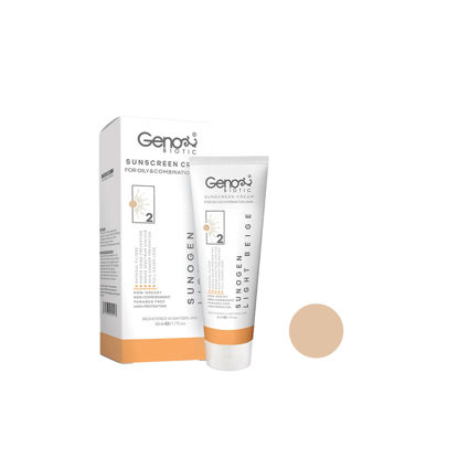 کرم ضد آفتاب رنگی ژنوبایوتیک مدل سانوژن مناسب برای پوست چرب با SPF50